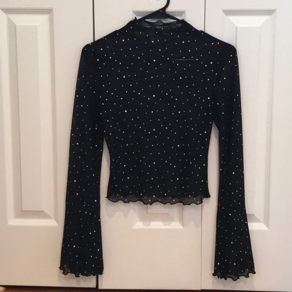 Black Mesh Rhinestone top with lettuce trim
